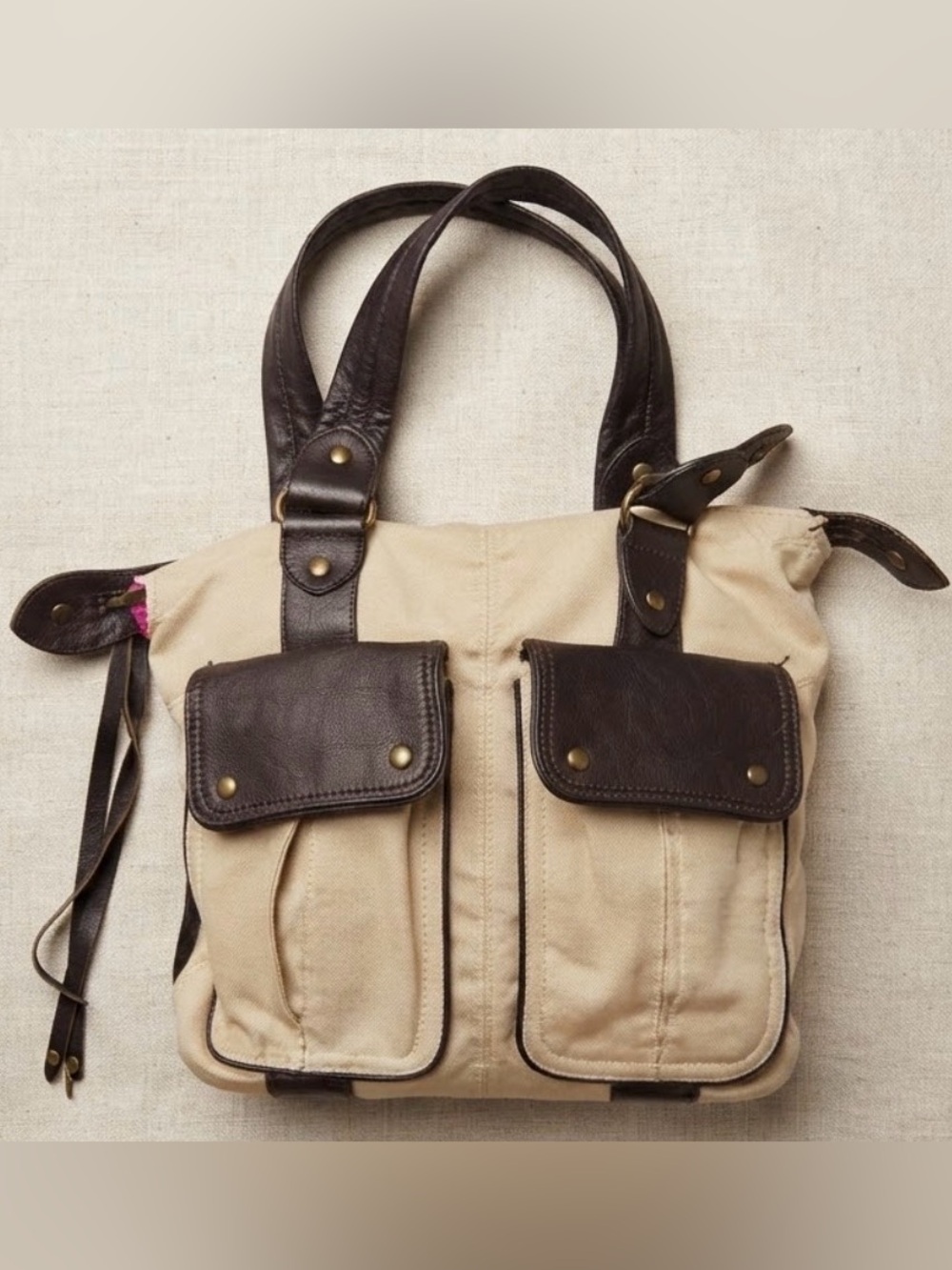 Beige Canvas Shoulder Bag with Dark Brown Leather Trim